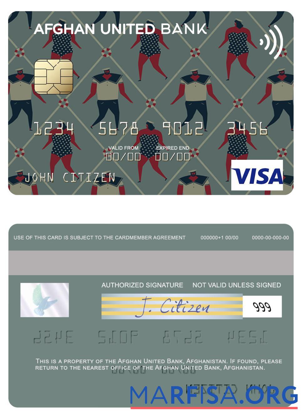 Printable Afghanistan Afghan United Bank visa card example